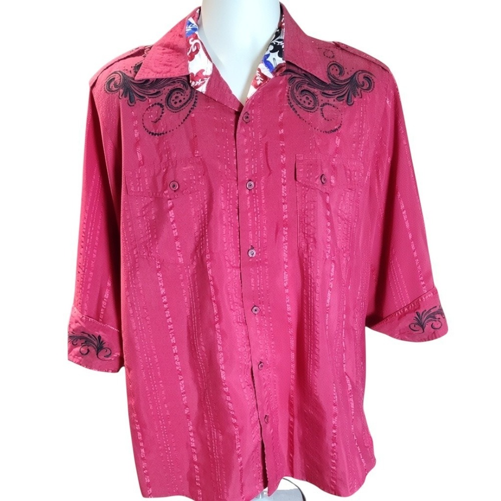 El General 1901 Mens XL Burgundy Embroidered 3/4 Sleeve Button Up Shirt Pockets